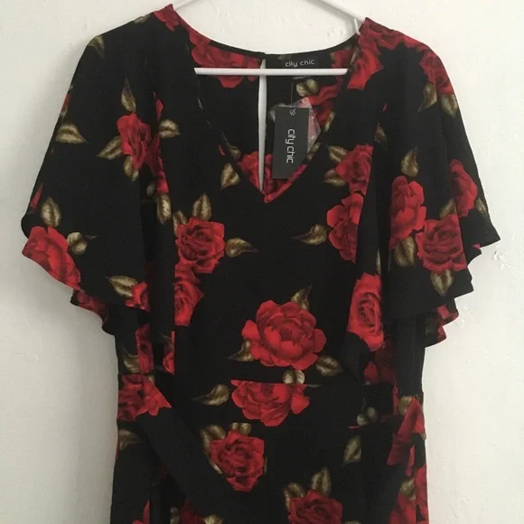 City Chic Jumpsuit Red Rose Black Plus Size 14 wide leg pockets